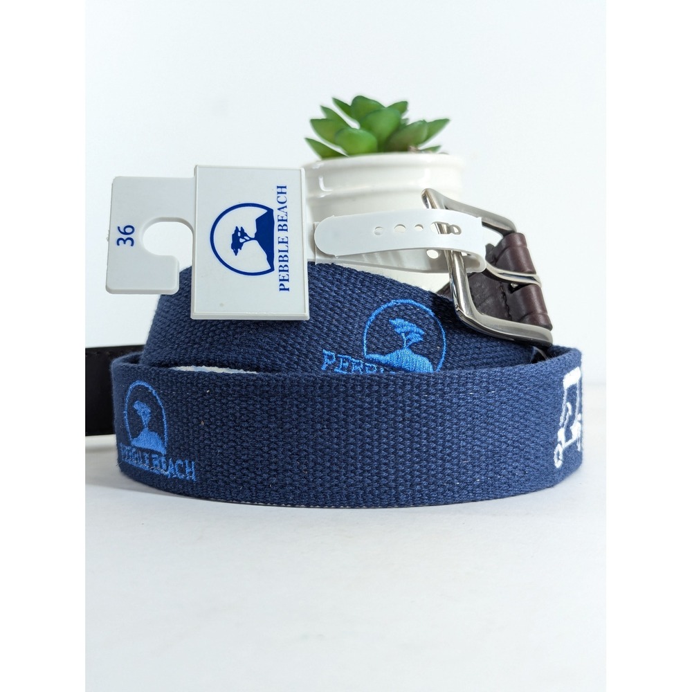 Pebble Beach Mens Navy Blue Embroidered Golf Canvas Leather Belt Size 36 3362500